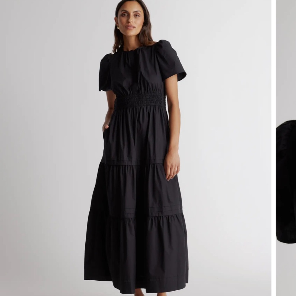 Quince Black Maxi Dress with Short Puff Sleeves